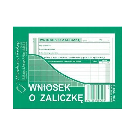 408-5 Wniosek o zaliczkę A6 40 kartek Michalczyk i Prokop