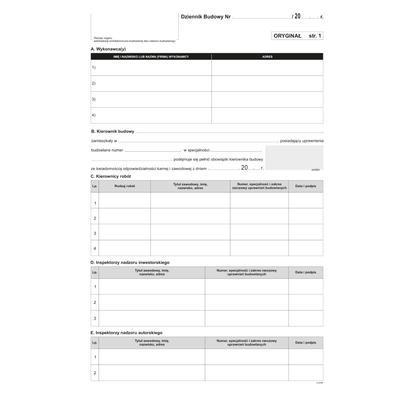 603-S1 Dziennik budowy (10kpl.) A4 oryginał + kopia Michalczyk i Prokop