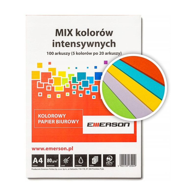 Papier ksero A4 80g mix intensywny 100ark Czerwony, Fuksja, Ciemny Niebieski, Ciemny Zielony, Żółty xem1001pwn EMERSON