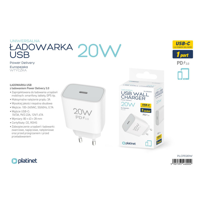 Ładowarka sieciowa 230V PLATINET 1xUSB-C 20W biała (46000)