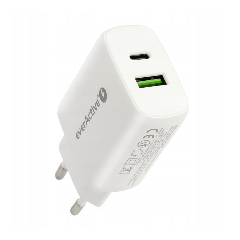 Ładowarka sieciowa 230V EVERACTIVE SC-370Q 1xUSB-C + 1xUSB 3A 25W biała